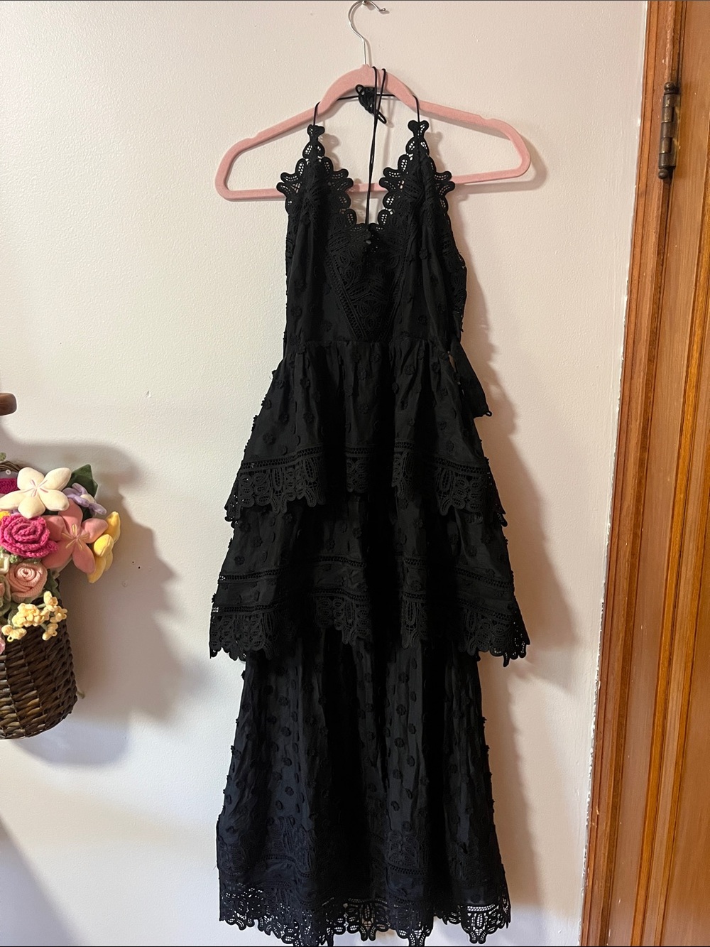 Self-Portrait Black Tiered Lace Maxi Dress